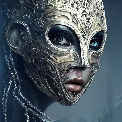 Image similar to Very very very very highly detailed epic photo of face with venetian mask, intricate, dystopian, sci-fi, extremely detailed, digital painting, artstation, concept art, smooth, sharp focus, illustration, intimidating lighting, incredible art by Artgerm and Tokujin Yoshioka and Anton Pieck