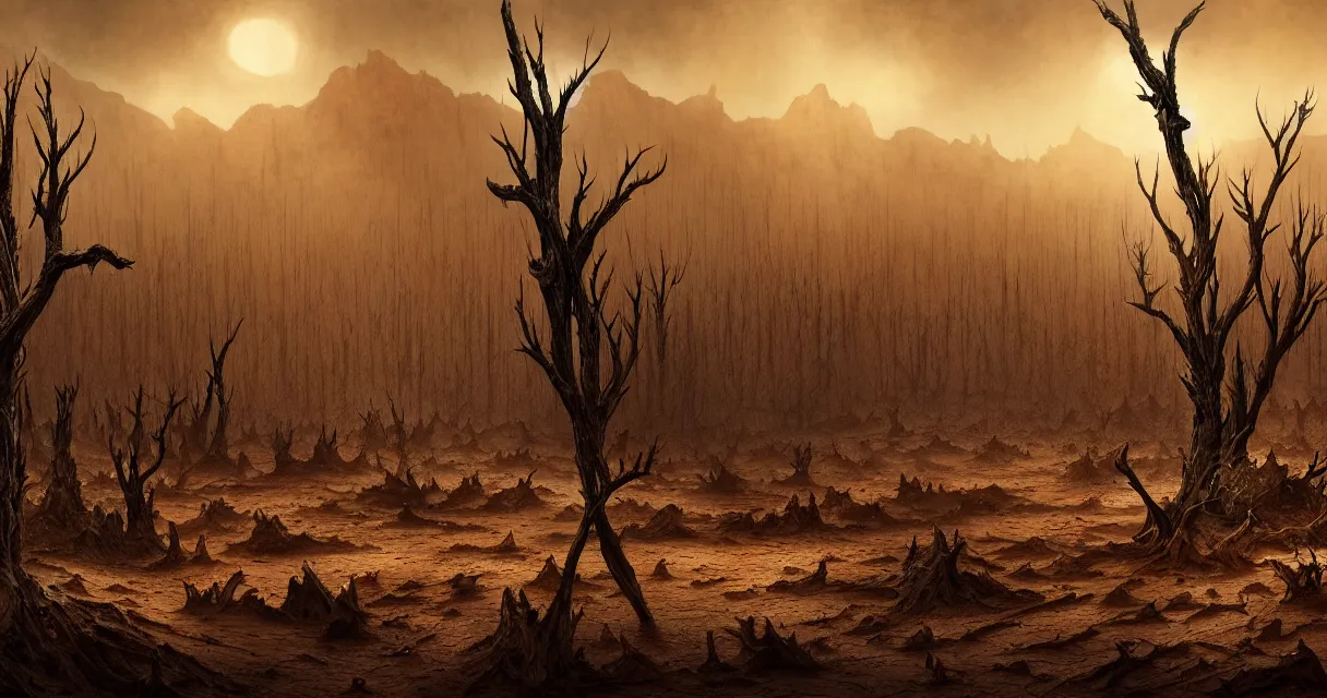 Prompt: epic professional digital art of hungry barren desert with dessicated forest, faint golden moody atmospheric lighting, painted, intricate, detailed, detailed, foreboding, by leesha hannigan, wayne haag, reyna rochin, ignacio fernandez rios, mark ryden, iris van herpen,, epic, stunning, gorgeous, much wow, cinematic, masterpiece.