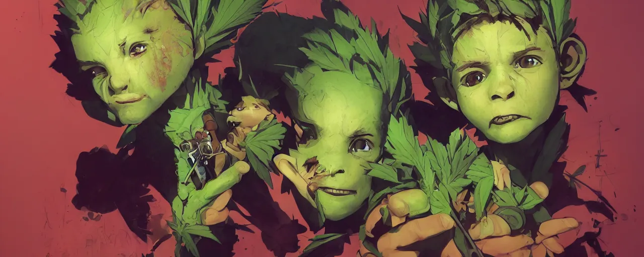 Image similar to duotone concept illustration 3 / 4 portrait of kid face consisting of marijuana, baby groot, cannabis!, cinematic volumentric lighting, jim cheung, david marquez, mike deodato jr, ilya kuvshinov, makoto shinka, behance hd by jesper ejsing, by rhads, hyper detailed, octane render, concept art, artstation