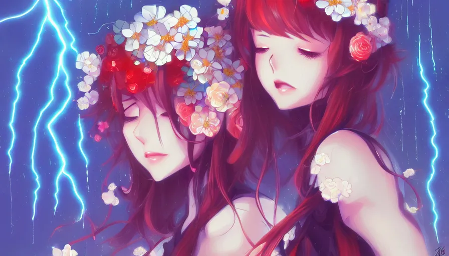 Image similar to anime girl, flowers, rain, lightning, storm, digital painting, illustration by james jean and artgerm and mina petrovic and timothy kong and marina federovna, artstation