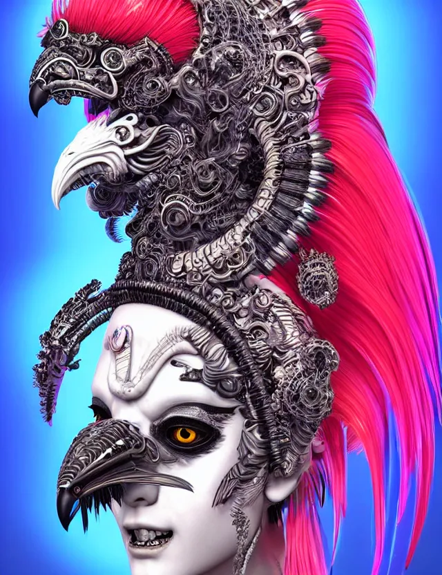 Image similar to 3 d photo realistic goddess close - up profile portrait punk with mohawk with ram skull. beautiful intricately detailed japanese crow kitsune mask and clasical japanese kimono. betta fish, jellyfish phoenix, bio luminescent, plasma, ice, water, wind, creature, artwork by tooth wu and wlop and beeple and greg rutkowski