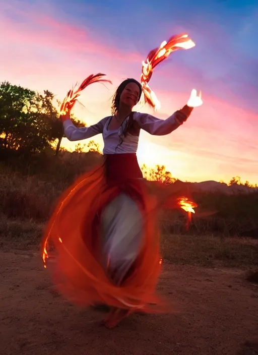 Prompt: fire spinner girl, dancing spinning fire poi from her hands, beautiful smile, early 2 0 s, 4 k, high quality, ultra realistic, photo realistic, background is a beautiful sunset sky with fluffy clouds