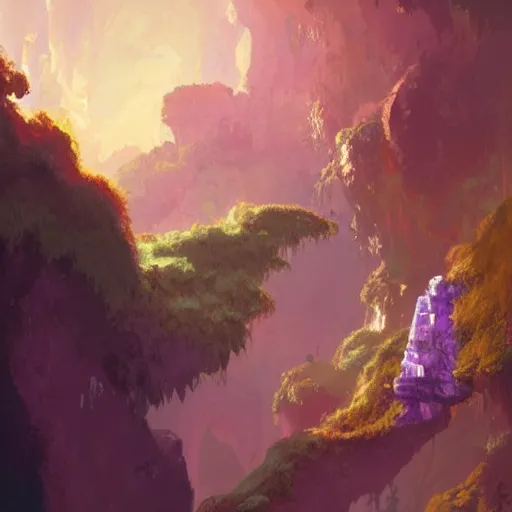 Image similar to beautiful giant piece of amethyst in a lush cave, greg rutkowski