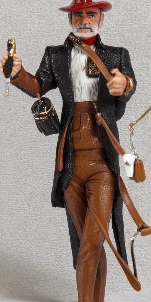 Prompt: 8 0 mm resin detailed miniature of sean connery from zardoz wearing a hat and proudly showing off a louis vuitton leather purse, product introduction photos, 4 k, full body