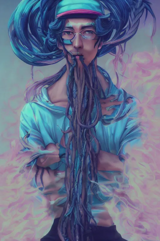 Image similar to portrait of an anime manga guy with snake dreads, straight on, by artgerm, james jean, tom bagshaw, gerald brom, vaporwave colors, lofi colors, vaporwave, lofi, goth vibe, 4 k, smooth, hd, substance designer render, full body character concept art, symmetrical, 2 point lighting,