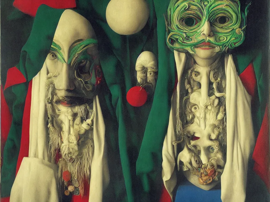 Image similar to Portrait of albino mystic with blue eyes, with sculpted shamanic mask made from jade. Painting by Jan van Eyck, Audubon, Rene Magritte, Agnes Pelton, Max Ernst, Walton Ford