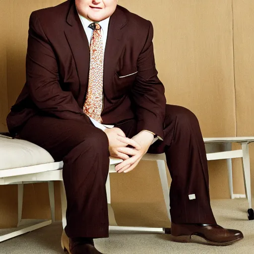 Image similar to Andy Richter is wearing a chocolate brown suit and necktie. He is in a bedroom lit by bright morning light and sitting upright in a bed stretching his arms. His mouth his wide open from yawning.