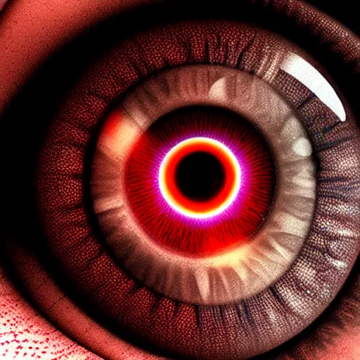 Image similar to a detailed extremely close up of inside the iris, cornea, red image, microscopic, extremely close up drawing by junji ito, cgsociety, generative art, lovecraftian, parallax, cosmic horror, extremely detailed, hyperrealism, unreal engine, octane render, award winning, masterpiece, highly detailed, realistic, 4 k, digital