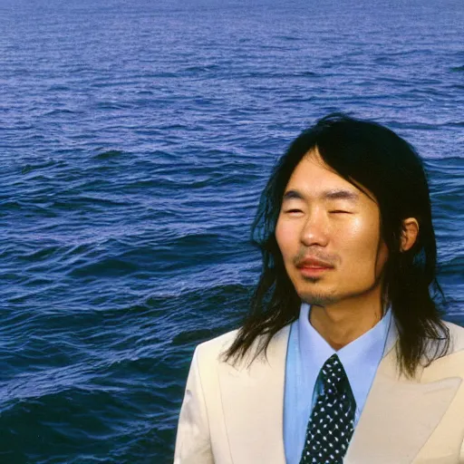 Image similar to japanese man with long hair in a suit standing in the ocean looking at the camera, wide shot, far away, zoomed out, sunset, album cover, 1980, tatsuro yamashita, ride on time