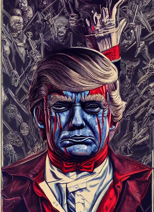 Image similar to donald trump as the villain, slasher film, grotesque, horror, high details, intricate details, by vincent di fate, artgerm julie bell beeple, 70s, inking, vintage 70s print, screen print