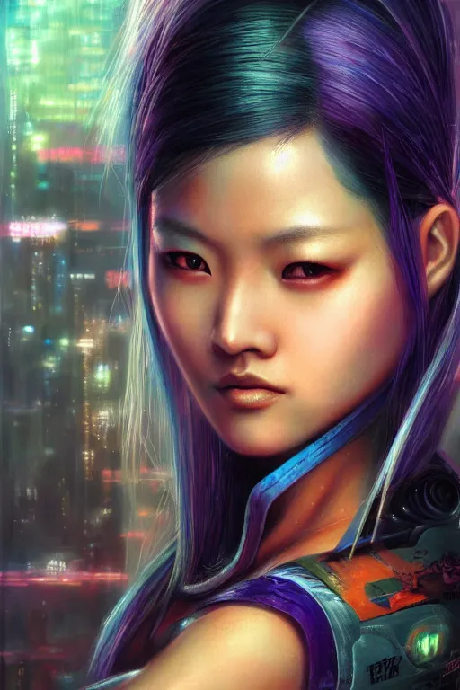Image similar to stunning highly detailed portrait of a beautiful asian female cyberpunk, soft lighting, pastel neon colors, oil on canvas, strong lighting, by Greg Staples, HD, 4K