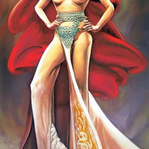 Image similar to alluring byzantine aztec concubine dressed in gauze, science fiction concept art by boris vallejo