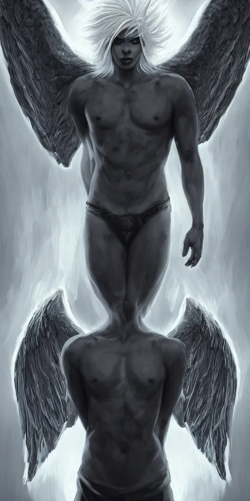 Image similar to full body image of a symmetric detailed terrifying male - angel with white hair with detailed white wings flying in black smoke, ultra realistic, epic, highly detailed, hd, sharp focus, cinematic lighting, realistic, vivid colors, gritty, matt painting, digital art, non blurry, sharp, artstation, concept art, smooth, illustration.