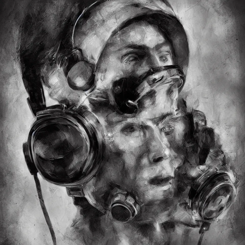 Prompt: a portrait astronaut wearing a headphone, digital painting, digital art, beautiful, cinematic, 4 k, ultra hd, art by ben templesmith