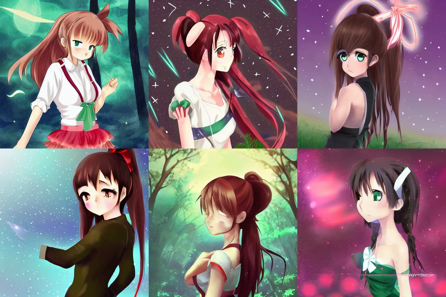 Prompt: An anime girl with green eyes, coral brown hair tied with a big white ribbon into a ponytail. She is gazing the stars at night in font of a bonefire at the forest. Anime style, digital artist, high contrast and sharp edges