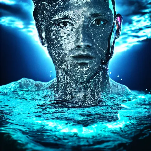 Prompt: water artwork manipulation in the shape of a human head, on the ocean water, futuristic, neon, magma, ray tracing, realistic water sharp focus, long shot, 8 k resolution, cinematic, surreal water art