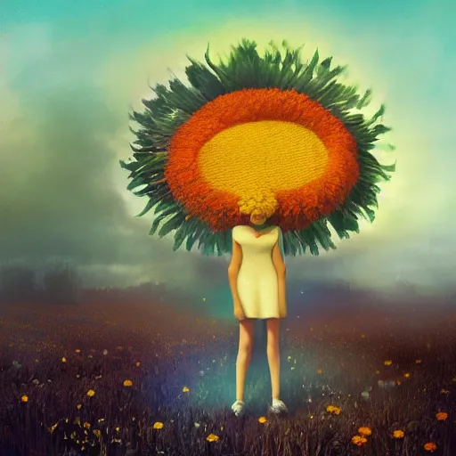 Image similar to giant daisy flower head, frontal, a girl in the suit, surreal photography, sunrise, dramatic light, impressionist painting, digital painting, artstation, simon stalenhag