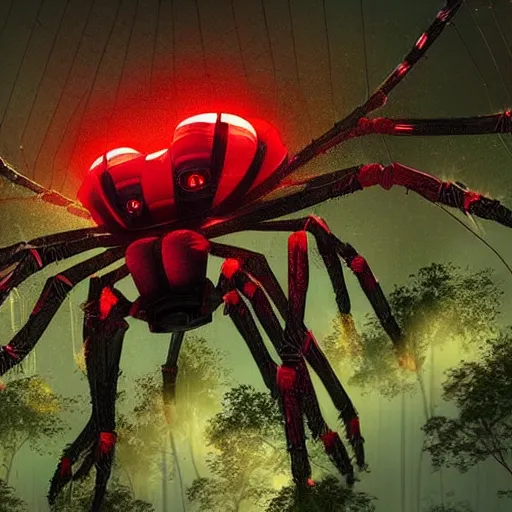 Image similar to a giant robot spider with wings and a single glowing red eye in the middle of an ethereal forest, lots of wires, demonic