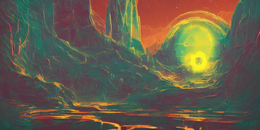 Image similar to ovni a lovecraftian cinematic isograph print of a aetherpunk planet by alena aenami in the style of art - deco art, very, very aesthetic