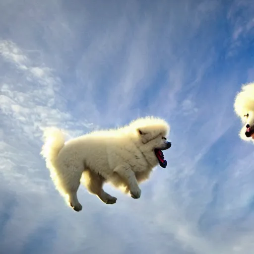 Prompt: two samoyeds playing together in the clouds, high up in the sky