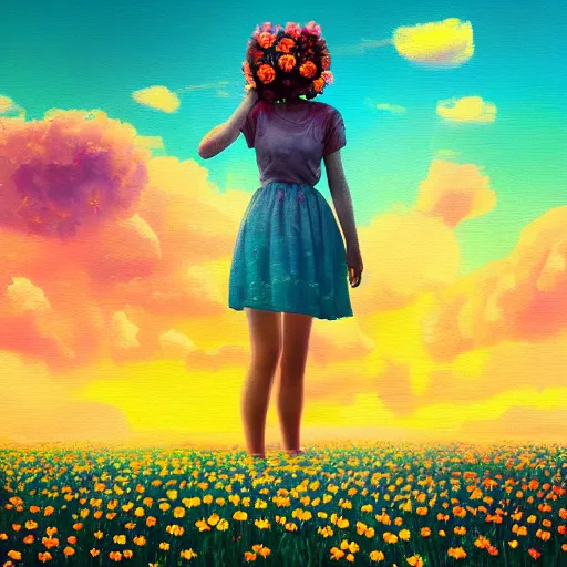 Image similar to girl with a full daisies head, surreal photography, flower field, sunset dramatic light, impressionist painting, colorful clouds, blue sky, digital painting, artstation, simon stalenhag