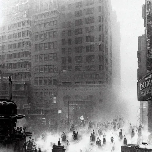 Prompt: old black and white photo, 1 9 1 3, depicting a dieselpunk giant robot mech rampaging through the bustling streets of new york city, historical record, volumetric fog