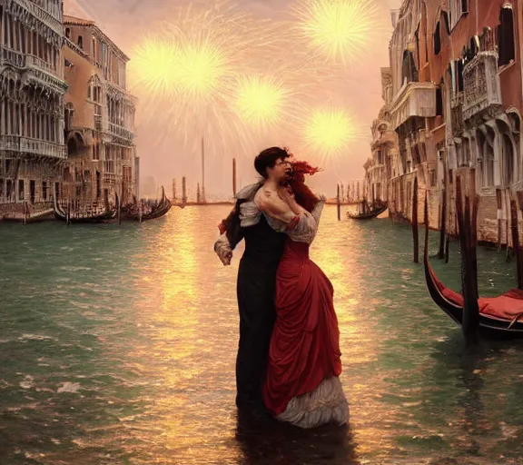 Image similar to photography of a 1 8 th couple in venice with fireworks, deep focus, intricate, elegant, highly detailed, digital painting, artstation, concept art, matte, sharp focus, illustration, art by artgerm and greg rutkowski and alphonse mucha and gil elvgren