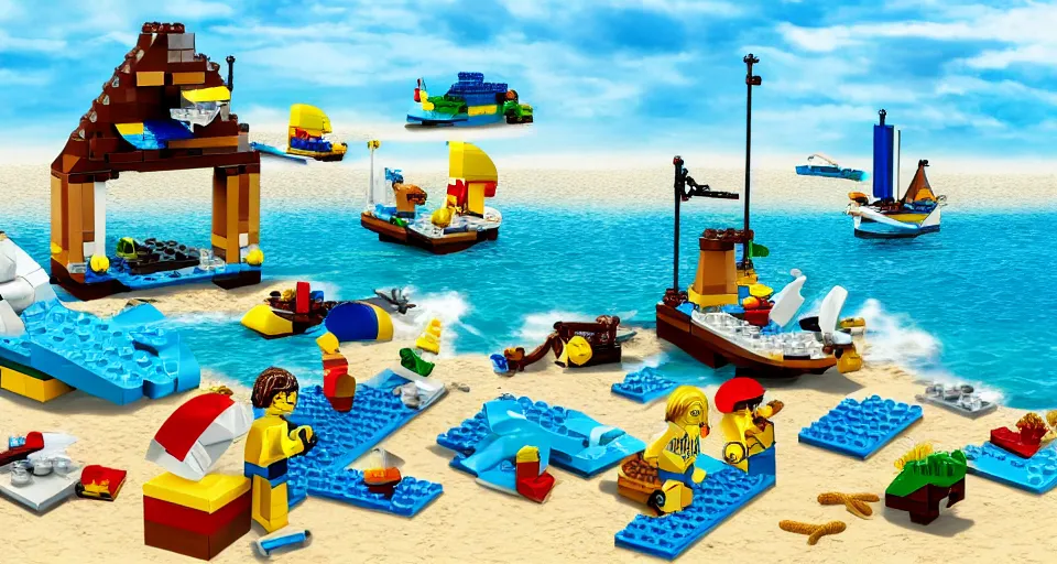 Prompt: lego beach scene