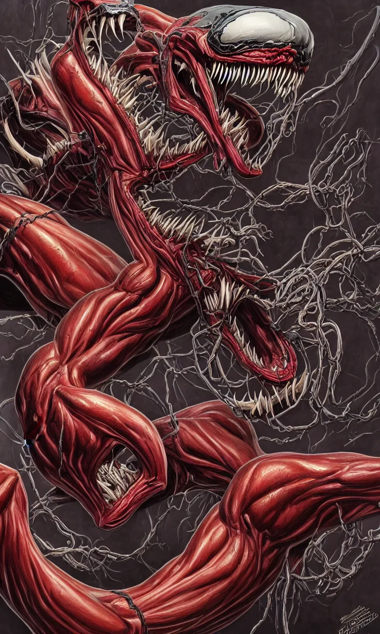 Image similar to hyper realistyc anatomically acurate full body long shot venom from marvel comics!!!!, large mouth with teeth, lovecraftian horror, fantasy, intricate, elegant, highly detailed, digital painting, artstation, concept art, matte, sharp focus, illustration, art by glenn fabry