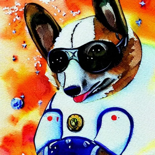 Prompt: corgi cosmonaut in outer space, watercolor painting