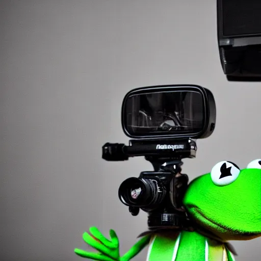 Image similar to 35mm photograph of kermit the frog wearing VR, highly detailed, DSLR, 4K, 8K