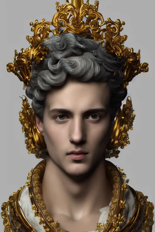 Image similar to a realistic porcelain full-head rococo style bust of handsome young Spanish prince with colored pipecleaners for a crown and suspended in outer space, photorealism, octane render, depth of field, 8k, 35mm, artgem, Trending on artstation