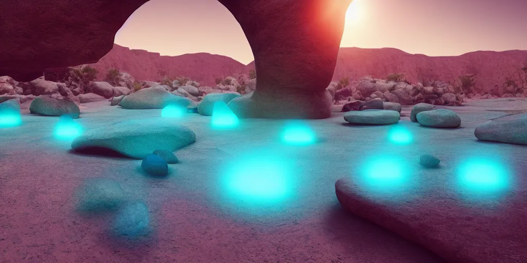 Prompt: desert, long stone bridges between weightless flying rocks. wide angle lens, trending on artstation. vogue magazine. halo. octane rendering, cinematic, hyperrealism, octane rendering, 8 k, depth of field, bokeh. iridescent accents. vibrant. teal white and blue color scheme