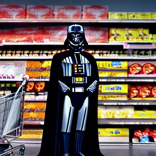 Prompt: A still of a Darth Vader shopping for groceries, 4k, 35mm, photograph, photoreal, ultra realistic, highly detailed, professional lighting