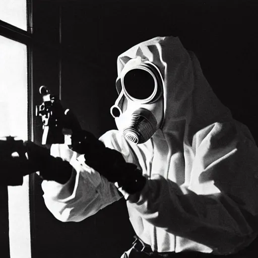 Prompt: a man wearing a hazmat suit and gasmask holding a revolver, film still, cinematic, enhanced