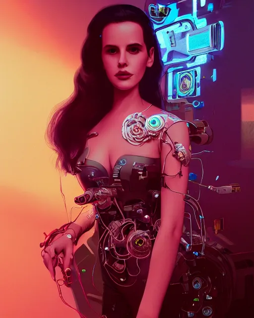 Image similar to portrait of lana del rey as a cyberpunk cyborg. roses, sci - fi, missing panels, intricate abstract upper body intricate artwork, by tooth wu, wlop, beeple, dan mumford. concept art, octane render, deviantart, greg rutkowski, cinematic, key art, hyperrealism, iridescent accents