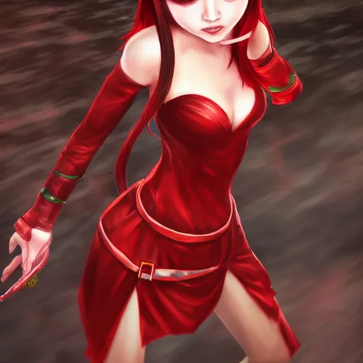 Prompt: half length portrait of a half - chinese teenage girl with short red hair and red outfit, still from arcane : league of legends, 3 d painting, digital art, anime