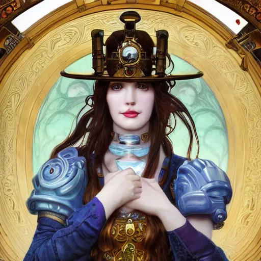 Image similar to Masterpiece head and shoulders portrait of Caitlyn from League of Legends of Arcane animated Series with blue long hair and cylinder hat with Steampunk armor drawn by Donato Giancola and Tom Bagshaw, Edmund Leighton, Alphonse Mucha, background by James Jean and Gustav Klimt, 4k, porcelain skin, volumetric lighting, komorebi, french nouveau, trending on artstation, octane render, hyperrealistic