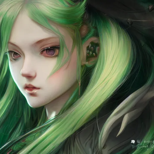 Image similar to girl with long light green hair, light green eyes, a small pigtail on the left side, chinese dress, anime style, hyper detailed, illustration, digital painting, art by artgerm and greg rutkowski and alphonse mucha, high delicate defined details, anime stylized, highly detailed, realistic, sharp focus, artstation