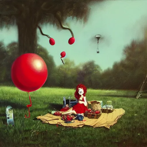 Image similar to grunge painting of a picnic with a wide smile and a red balloon by chris leib, loony toons style, pennywise style, corpse bride style, horror theme, detailed, elegant, intricate, conceptual, volumetric light