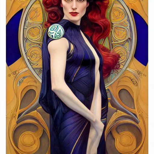 Image similar to an art nouveau, ( streamline moderne ), multi - ethnic portrait in the style of donato giancola and anna dittmann and charles dulac. very large, clear, expressive, and intelligent eyes. symmetrical, centered, ultrasharp focus, dramatic lighting, photorealistic digital matte painting, intricate ultra detailed background.