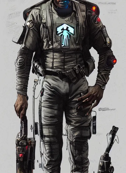 Image similar to chidi igwe. cyberpunk police officer in tactical harness and jumpsuit. portrait by stonehouse and mœbius and will eisner and gil elvgren and pixar. realistic proportions. dystopian. cyberpunk 2 0 7 7, apex, blade runner 2 0 4 9 concept art. cel shading. attractive face. thick lines.