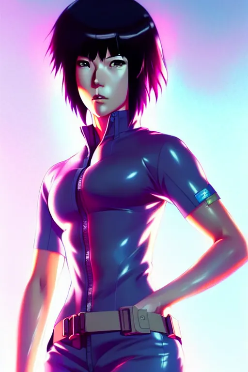 Image similar to a fullbody portrait of motoko kusanagi the major ghost in the shell : : stand alone complex, under repairs, maintenance : : by ilya kuvshinov, rossdraws, artgerm, sola digital arts, anti aliasing, raytracing : :