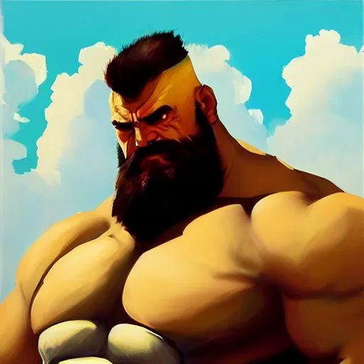 Image similar to greg manchess portrait painting of armored zangief from street fighter as overwatch character, medium shot, asymmetrical, profile picture, organic painting, sunny day, matte painting, bold shapes, hard edges, street art, trending on artstation, by huang guangjian and gil elvgren and greg rutkowski