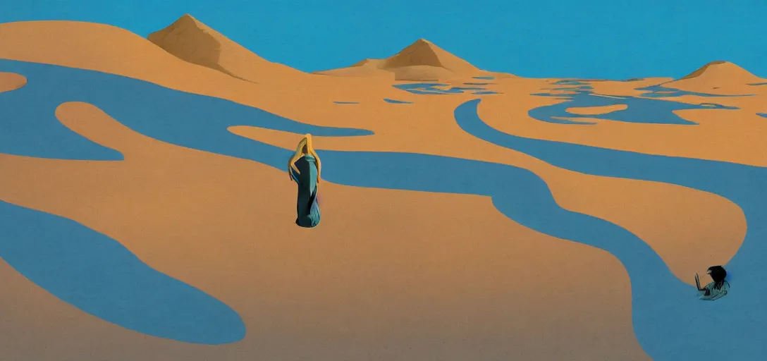 Prompt: a golden salt flat surrounded by dunes with a ruined statue of a woman emerging from the blue sand, illustrated, epic composistion, surreal flat colors, concept art