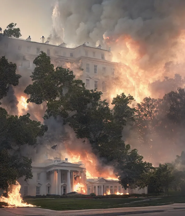 Prompt: a beautiful hyperrealistic detailed 3D render of the white house burning, by Anton Otto Fischer, Atey Ghailan, genzoman, unreal engine, octane render, gigantic, 3D, brilliantly coloured, intricate, ultra wide angle, trending on artstation, embers, smoke, dust, dusk, volumetric lighting, HDR, polished, micro details, ray tracing, 8k