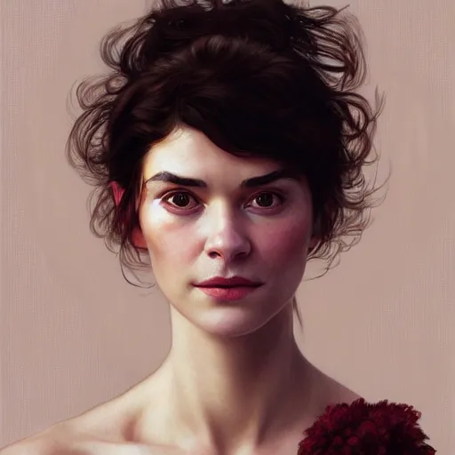 Image similar to portrait of a welsh girl with brown hair, glowing skin, delicate features, amelie poulain, young audrey tautou, fantasy, intricate, elegant, highly detailed, digital painting, artstation, concept art, smooth, sharp focus, illustration, art by Krenz Cushart and Artem Demura and alphonse mucha