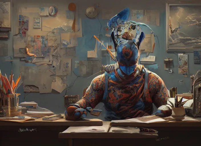 Image similar to an insanely detailed painting of an asian man wearing a homemade superhero costume, sitting at a desk, staring seriously at the computer and typing, in the style of peter mohrbacher, james jean, artgerm, dramatic lighting and composition, surreal background, octane render, pixar, trending on artstation, concept art, comic book, view from behind, 8 k