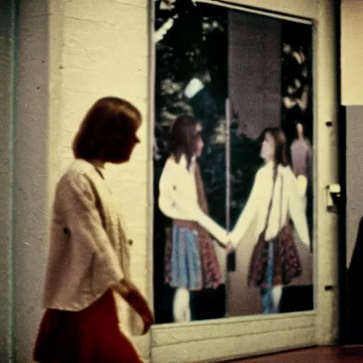 Image similar to 1978 teenage girl holds hands with sad inflatable face boyfriend at high school, color Tarkovsky film, in school hallway, dirty walls, archival footage, technicolor film, 16mm, live action, John Waters, campy movie scene