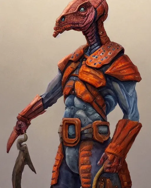 Image similar to a oil / watercolor painting full body character portrait of a humanoid dinosaur village knight / guard in the style of moebius in the style of leonard boyarsky trending on artstation deviantart pinterest detailed photorealistic highlights and shadow hd 8 k post - processing high resolution